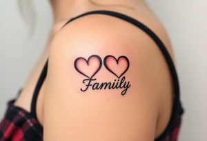 An infinity symbol with two hearts at each end, representing the couple and children, with the word "family" written in flowing script, showing the endless bond tattoo idea