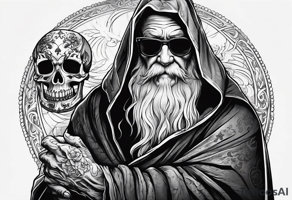 old man in cloak wrestling with a skeleton tattoo idea