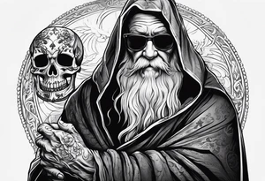 old man in cloak wrestling with a skeleton tattoo idea