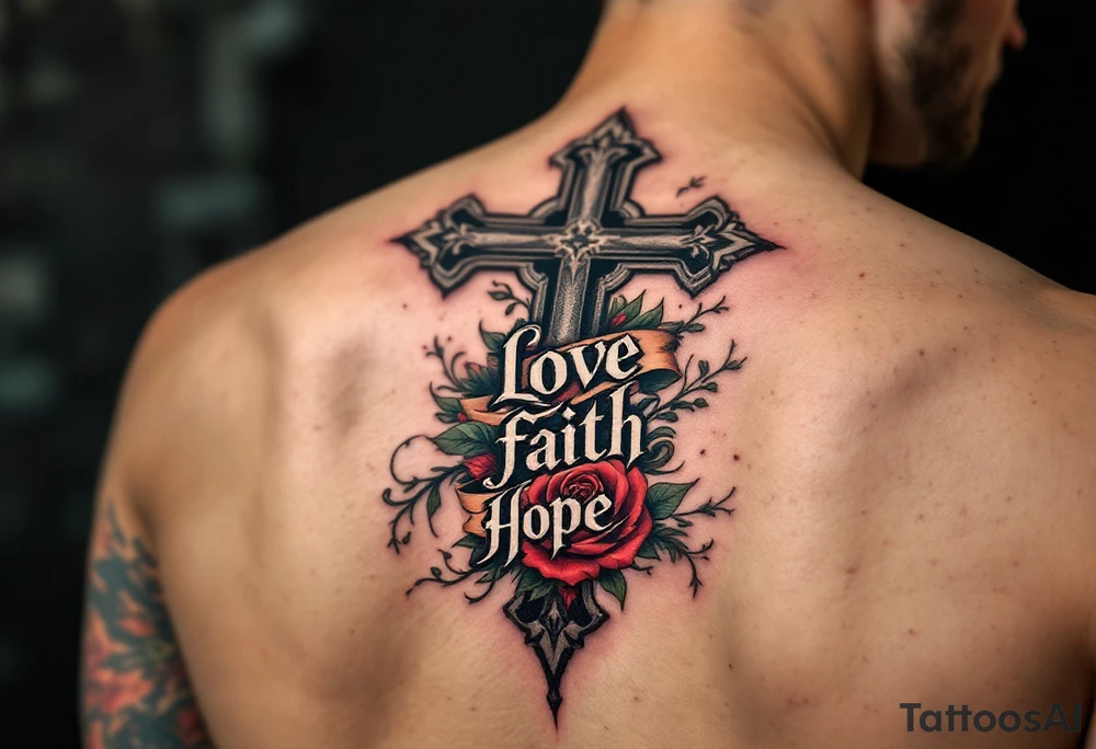 Bold black gothic font with a cross behind it in shadowy gray and a rose winding around the letters in red and green love faith hope. tattoo idea