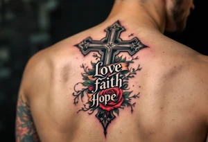 Bold black gothic font with a cross behind it in shadowy gray and a rose winding around the letters in red and green love faith hope. tattoo idea