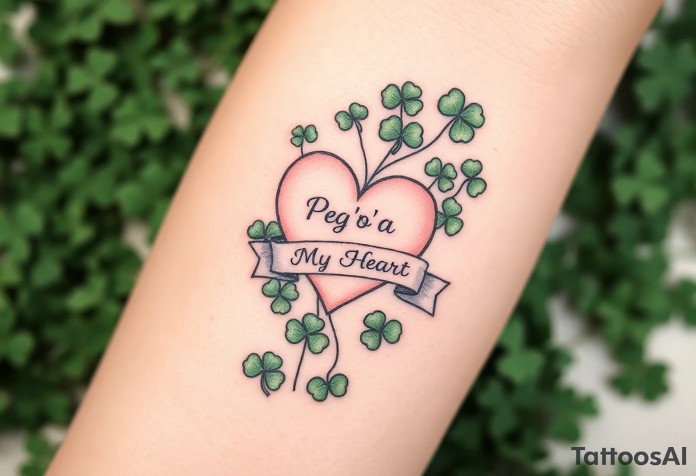 A ton of green shamrocks with a big pale pink heart with a banner across the heart that says Peg 'o My Heart tattoo idea