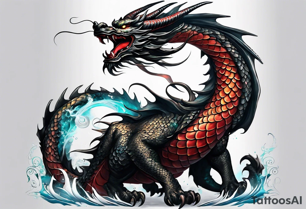 An epic floating asian dragon. Its long body coiling dynamically, with scales and horns detailed to create a sense of movement and strength. The dragon's color is giving a vibrant depth and a mystical aura. This tattoo highlights the dragon’s fierce expression and sharp claws. tattoo idea