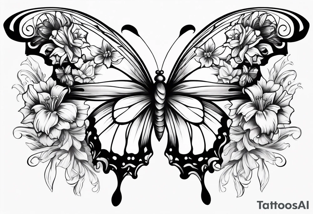Butterfly with one side of the wings as angel wings, the other  wing shaped out of lily flowers. Add daffodil and daisy’s around the top and bottom tattoo idea