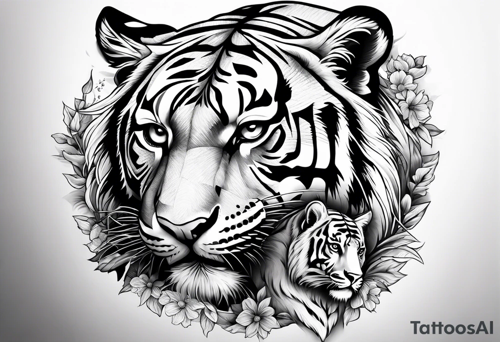 Jesus on a cross with a tiger cub walking in front tattoo idea
