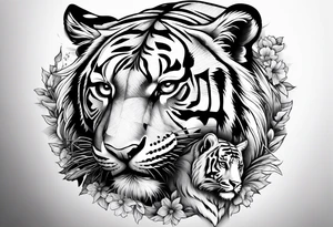 Jesus on a cross with a tiger cub walking in front tattoo idea