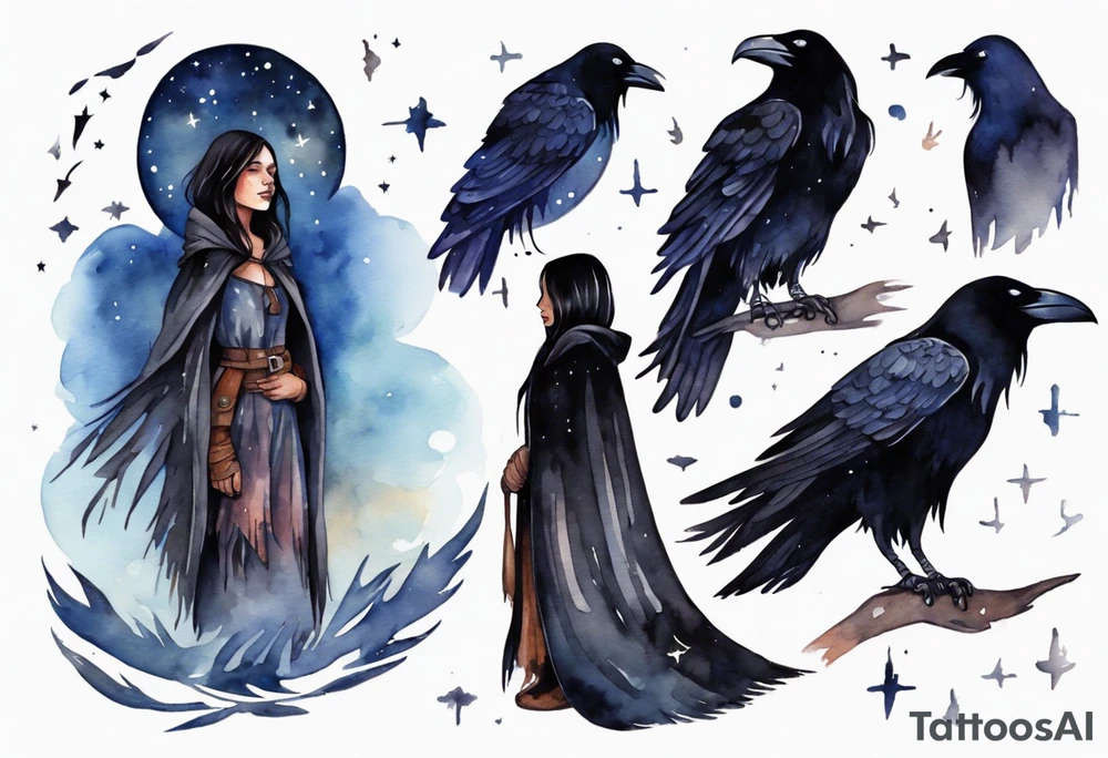 Watercolor of a Dakota woman with a black cloak, standing before the night sky, a raven on her shoulder tattoo idea