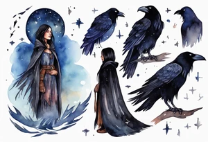 Watercolor of a Dakota woman with a black cloak, standing before the night sky, a raven on her shoulder tattoo idea