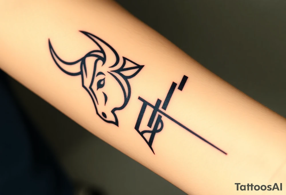 Create a minimalist black line tattoo of a bull’s head that transitions into an upward-trending candlestick stock chart. The design should have clean, fluid lines and combine the bull’s face and horns on the left, with the candlestick chart rising to the right, forming the shape of the bull’s jaw/neck. Keep the style simple and elegant, suitable for a forearm or upper arm tattoo.” tattoo idea