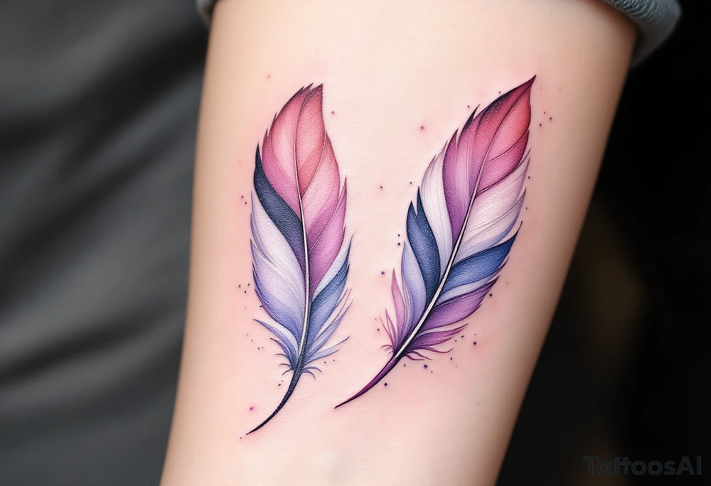 Two hummingbird-sized feathers, in soft pink and lavender gradients with ink splatter accents, floating side by side. tattoo idea