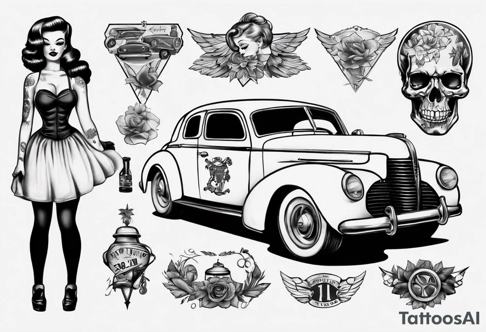 Pinup doll next to old vintage car tattoo idea