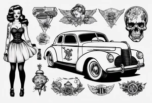 Pinup doll next to old vintage car tattoo idea