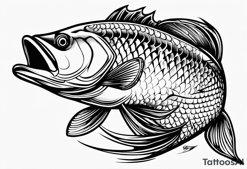 tribal bass fish, its tail turns into a fishing hook tattoo idea