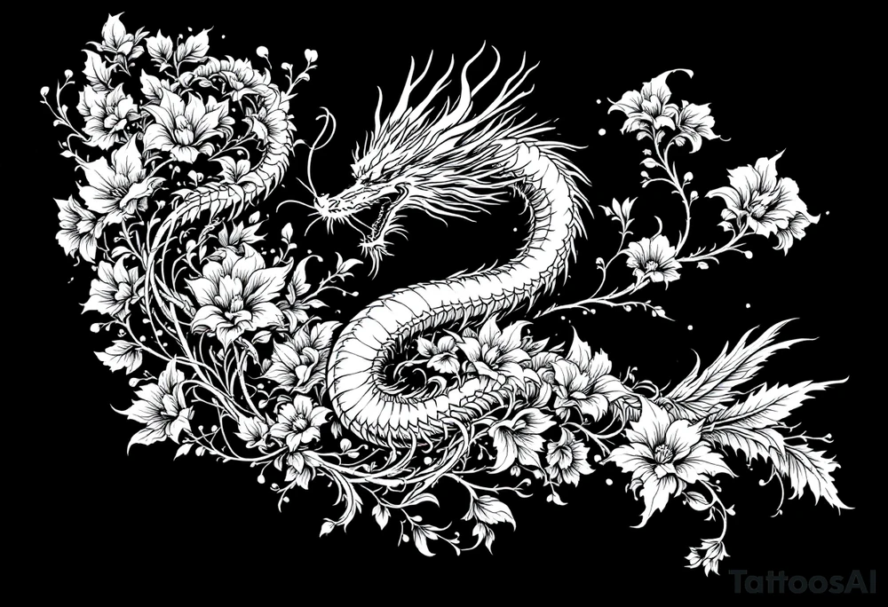 un dragon central entouré de fleurs de lys de style avec des ombrages dans un style assez fin tattoo idea