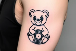 minimalist teddy bear with vinyl records as eyes smiling and sitting on a record tattoo idea