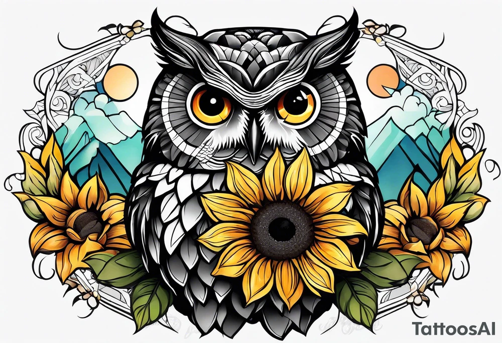 Owl and sunflower sleeve tattoo idea