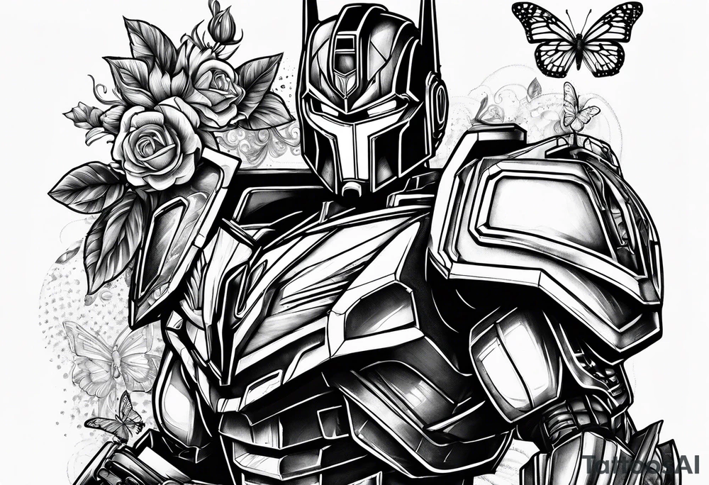 Optimus prime holding Sonic, a butterfly, saxophone, power ranger tattoo idea