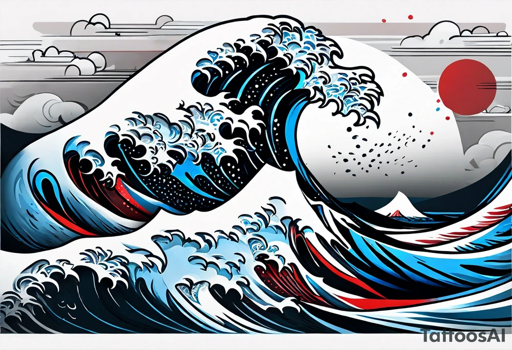 dark ocean waves background with linear red, white and black and gray including muted blues tattoo idea