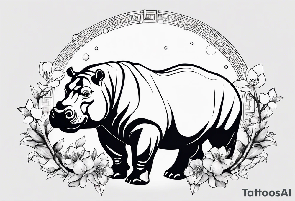 Asymmetrical, geometric, chinese ink art touch, hippo , full moon, wintersweet flower, light , modify from my favourite tattoo idea