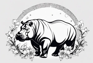 Asymmetrical, geometric, chinese ink art touch, hippo , full moon, wintersweet flower, light , modify from my favourite tattoo idea