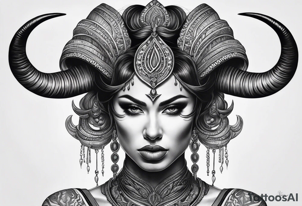 symmetrical woman head with curved horns facing downwards dark realism looking front facing view, ultra-detailed, high quality, high sharpness, hyper-realism, hyper-details, hyper-photorealistic, hyper-realistic tattoo idea