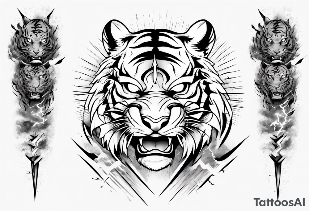 Tiger warrior with lightning and the sun for a forearm sleeve tattoo idea