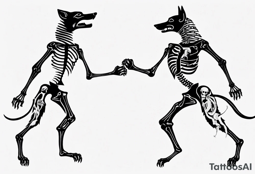 two wolf skeletons dancing with bone tails tattoo idea