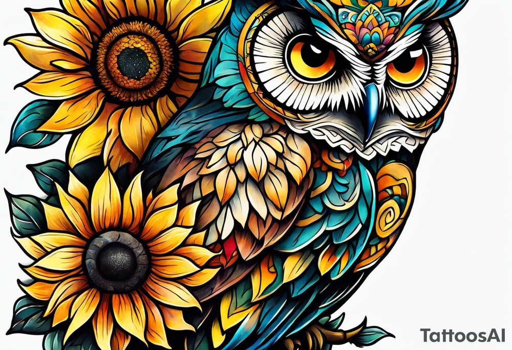 Leg sleeve with colorful sunflowers and an owl tattoo idea
