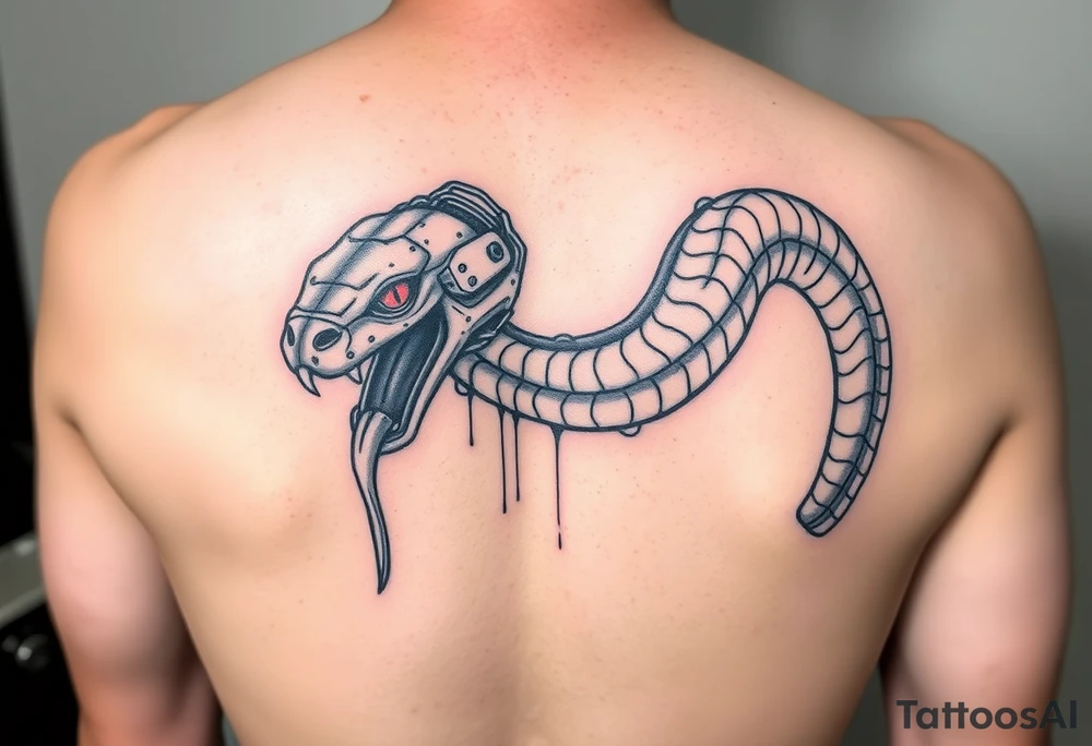 A Cybernetic Snake Biting Its Own Tail (Ouroboros Style)
The classic ouroboros but partially robotic, its fangs dripping neon coolant.
Could be wrapped around a futuristic engine or a broken motherboard.
Eyes flickering between red error codes and reptilian slits. tattoo idea