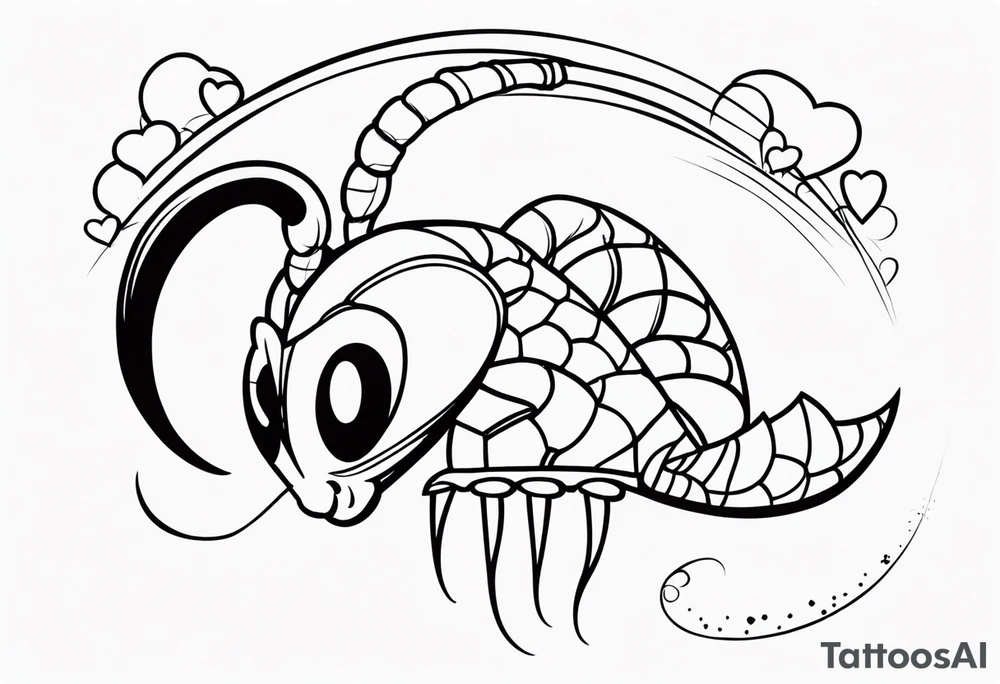 Outline tattoo showing a side view of Scorpion with tail curving overhead drawn in Powerpuff girl style with body segments, head and claws made of hearts tattoo idea