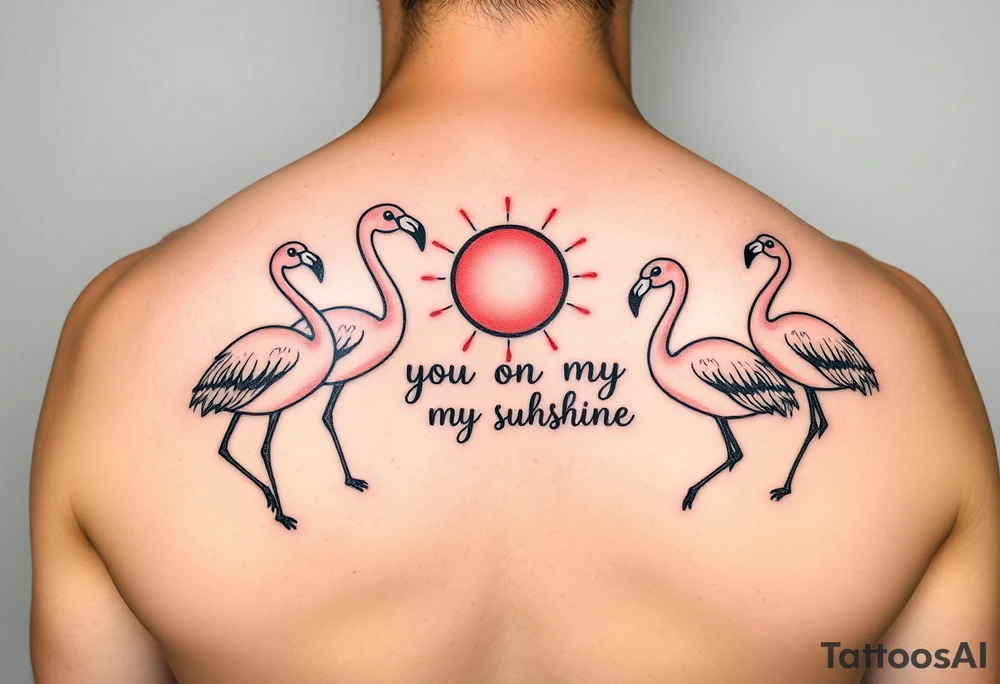 Multiple cute cartoonish Flamingos with a sun and the saying you are my sunshine with colors tattoo idea
