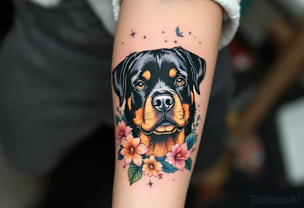 Neo-Traditional Rottweiler – A bold, detailed Rottweiler design with clean lines, saturated black and orange-brown fur, and bright traditional-style flowers around it. tattoo idea
