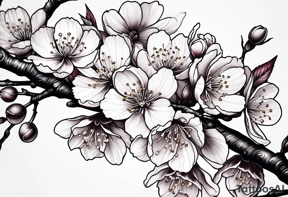 cherry blossoms with buds along branch tattoo idea
