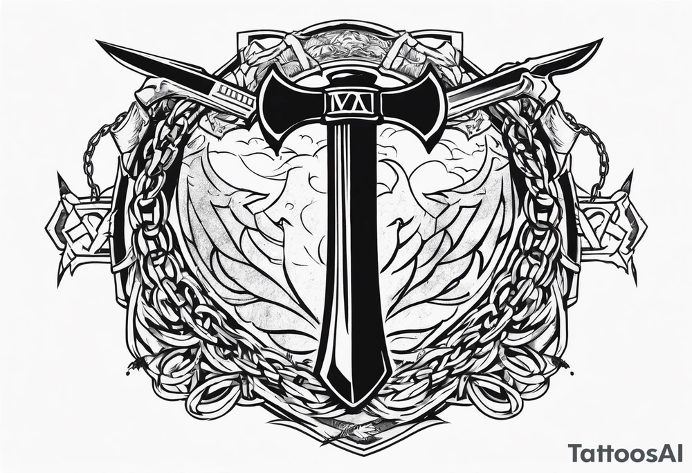 Valhalla sword round shield axe barbed wire chains tattoo idea