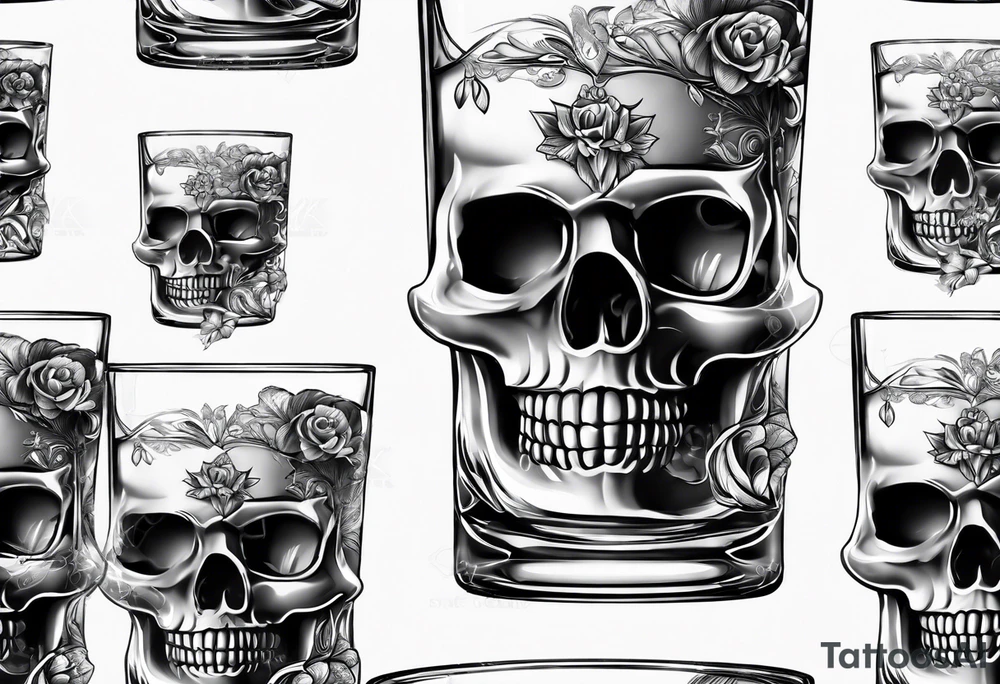 Whiskey glass with skull ice cubes tattoo idea