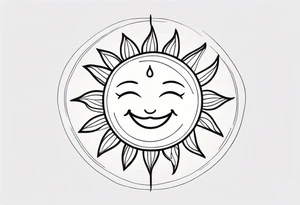 tiny simple sun. a circle with simple strings. tiny smiley in the sun. thin lines. tattoo idea