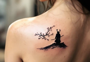 noble samurai warrior silhouette at sunset with cherry blossoms tattoo idea