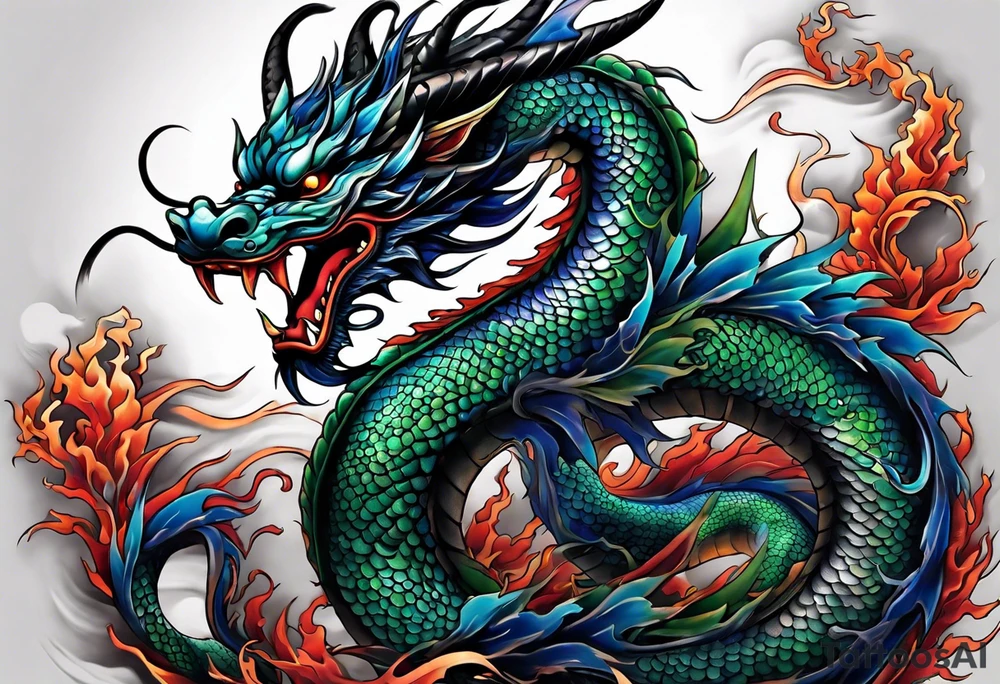 An epic floating asian dragon. Its long body coiling dynamically, with scales and horns detailed to create a sense of movement and strength. The dragon's color is giving a vibrant depth and a mystical aura. This tattoo highlights the dragon’s fierce expression and sharp claws. tattoo idea