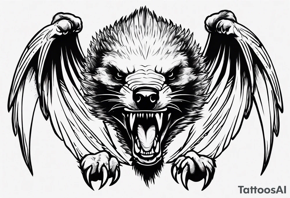 Angry, snarling, detailed forward-facing honey badger against the backdrop of large demonic wings tattoo idea