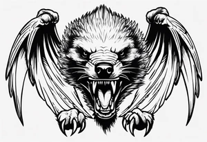 Angry, snarling, detailed forward-facing honey badger against the backdrop of large demonic wings tattoo idea