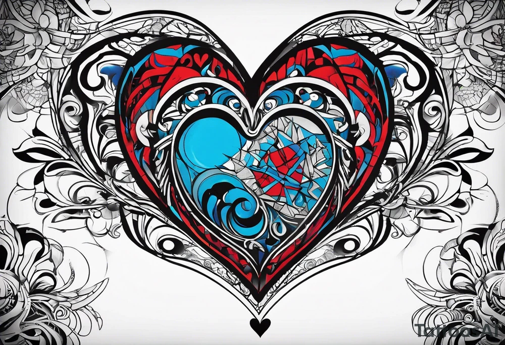 create a tattoo for men chest, the tattoo would be a big broken heart with red and blue colors, and around the heart, would be blue and red tribal shapes tattoo idea