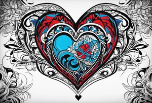 create a tattoo for men chest, the tattoo would be a big broken heart with red and blue colors, and around the heart, would be blue and red tribal shapes tattoo idea