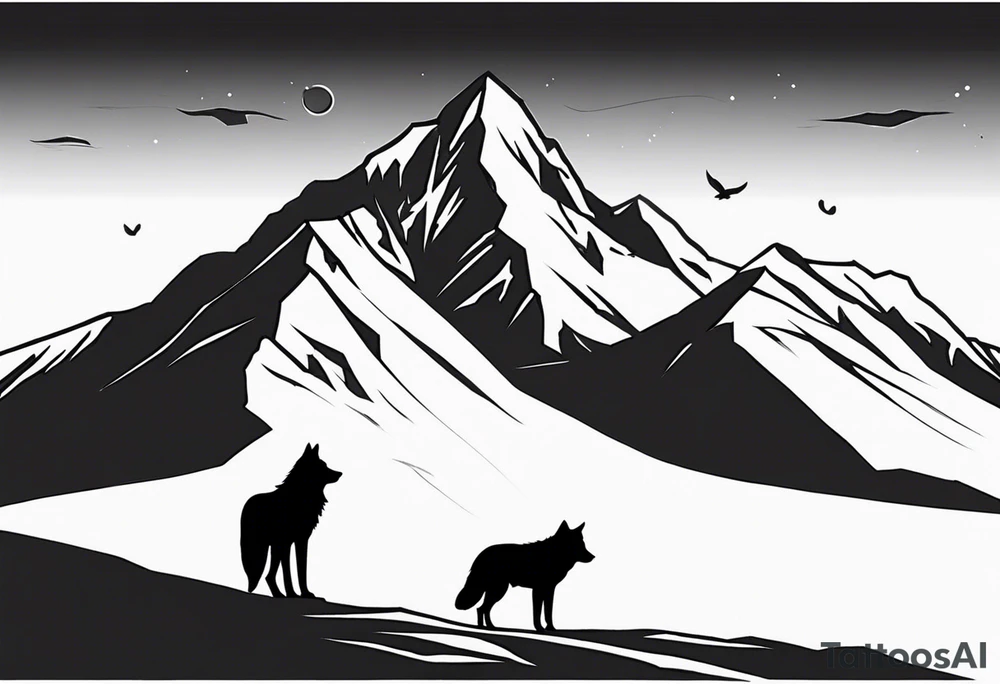 A lone wolf in front of a mountain range tattoo idea