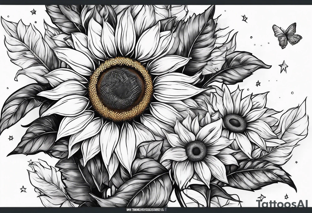 sunflower braslet surrounded with little stars, tree and arrow tattoo idea