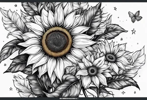 sunflower braslet surrounded with little stars, tree and arrow tattoo idea