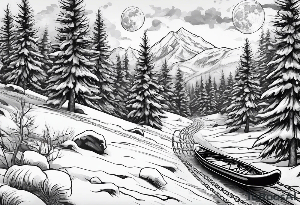 Snow machine,
snowshoes and a moon above tattoo idea