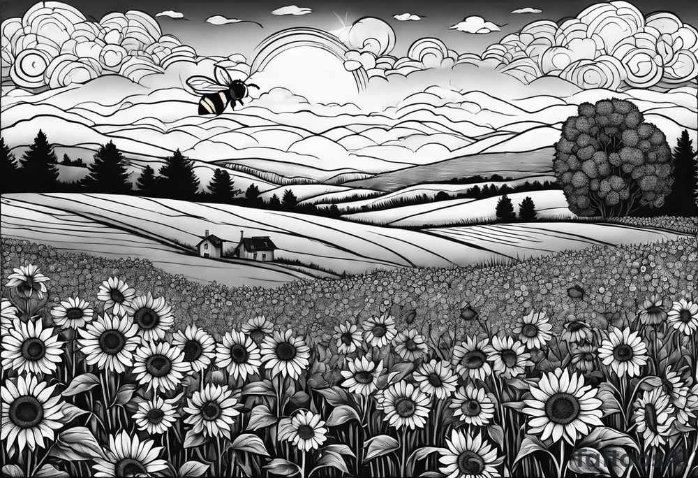 dream like sunflower meadow with distant hills and sunset. two large fuzzy bumble bees occupy the sky with beautiful clouds tattoo idea dream like sunflower meadow with distant hills and sunset. two large fuzzy bumble bees occupy the sky with beautiful clouds tattoo idea