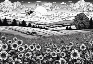 dream like sunflower meadow with distant hills and sunset. two large fuzzy bumble bees occupy the sky with beautiful clouds tattoo idea