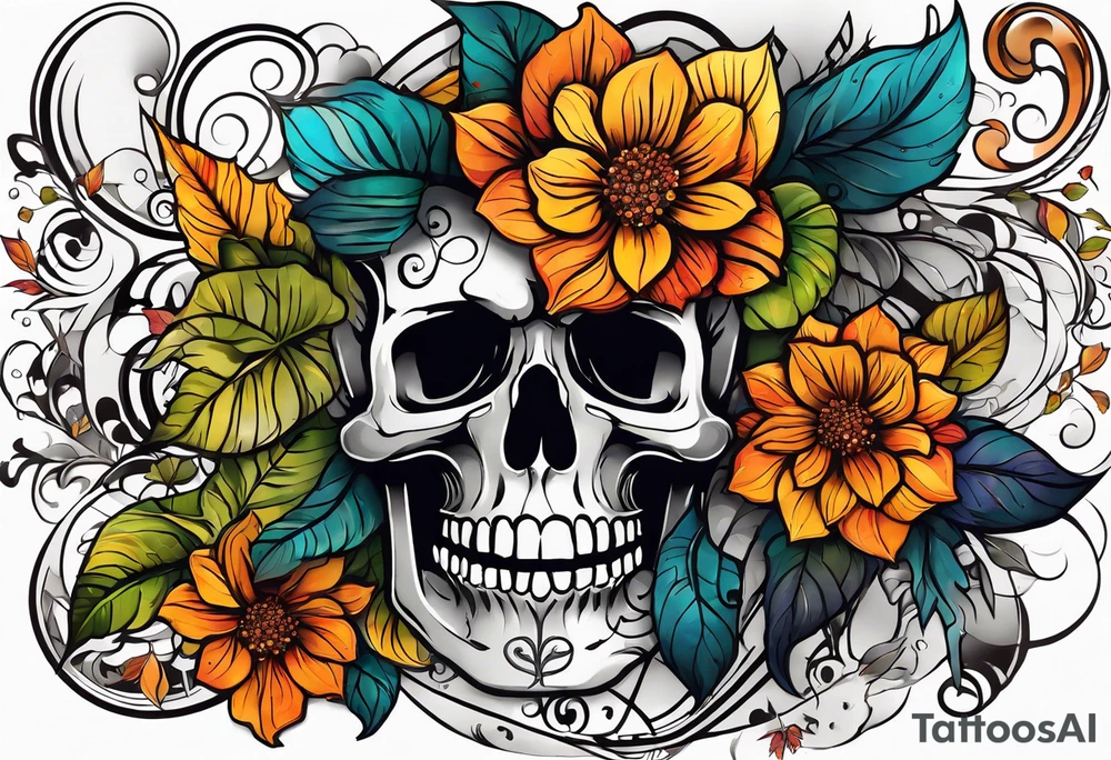 arm sleeve with fall colors, flowers, water flow shapes, leaves and various natural shapes, music notes, skulls tattoo idea