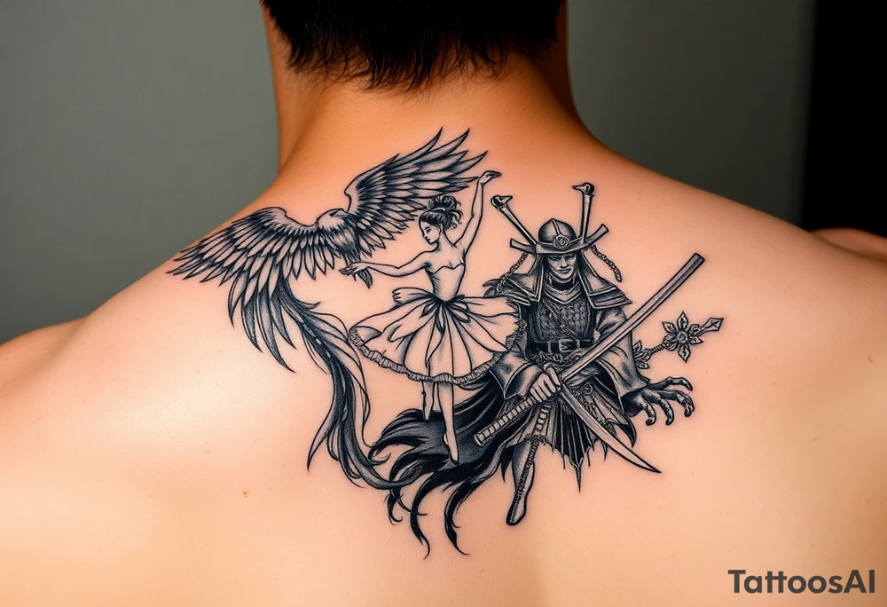 feathery soft tattoo, fine line, with a phoenix, a ballet dancer and a samurai. tattoo idea